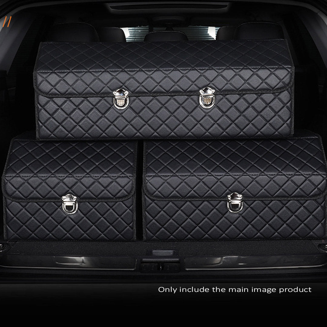 Soga Leather Car Boot Collapsible Foldable Trunk Cargo Organizer Portable Storage Box Black/White Stitch With Lock Large