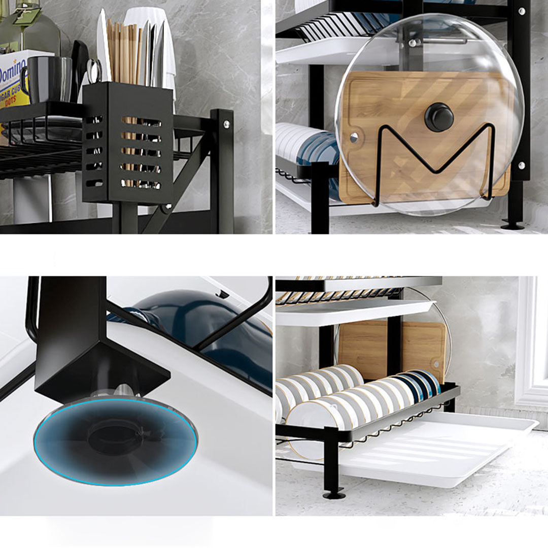 2X 3 Tier Steel Black Kitchen Countertop Drying Rack Dish Plate Cutlery Cutting Board Holder Dish Drainer Kitchen Organiser