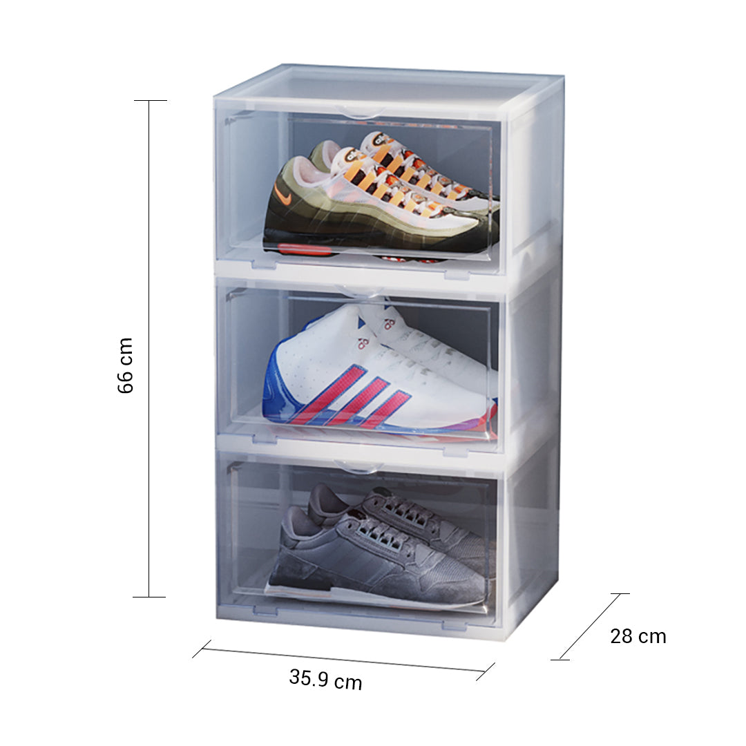 2X 3 Tier Transparent Portable Shoe Organiser Sneaker Footwear Folding Plastic Bin Stackable Storage Box with Magnetic Door