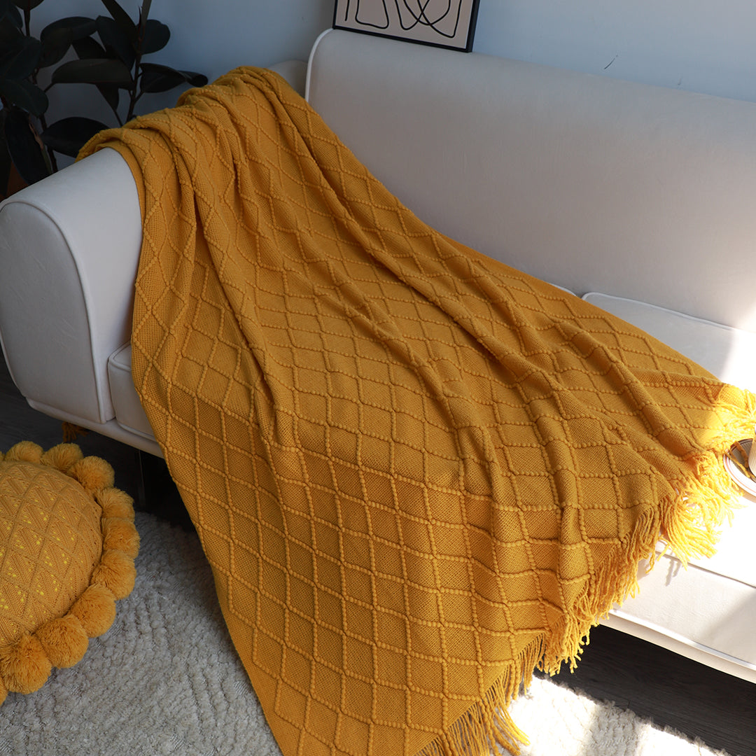 Yellow Diamond Pattern Knitted Throw Blanket Warm Cozy Woven Cover Couch Bed Sofa Home Decor with Tassels