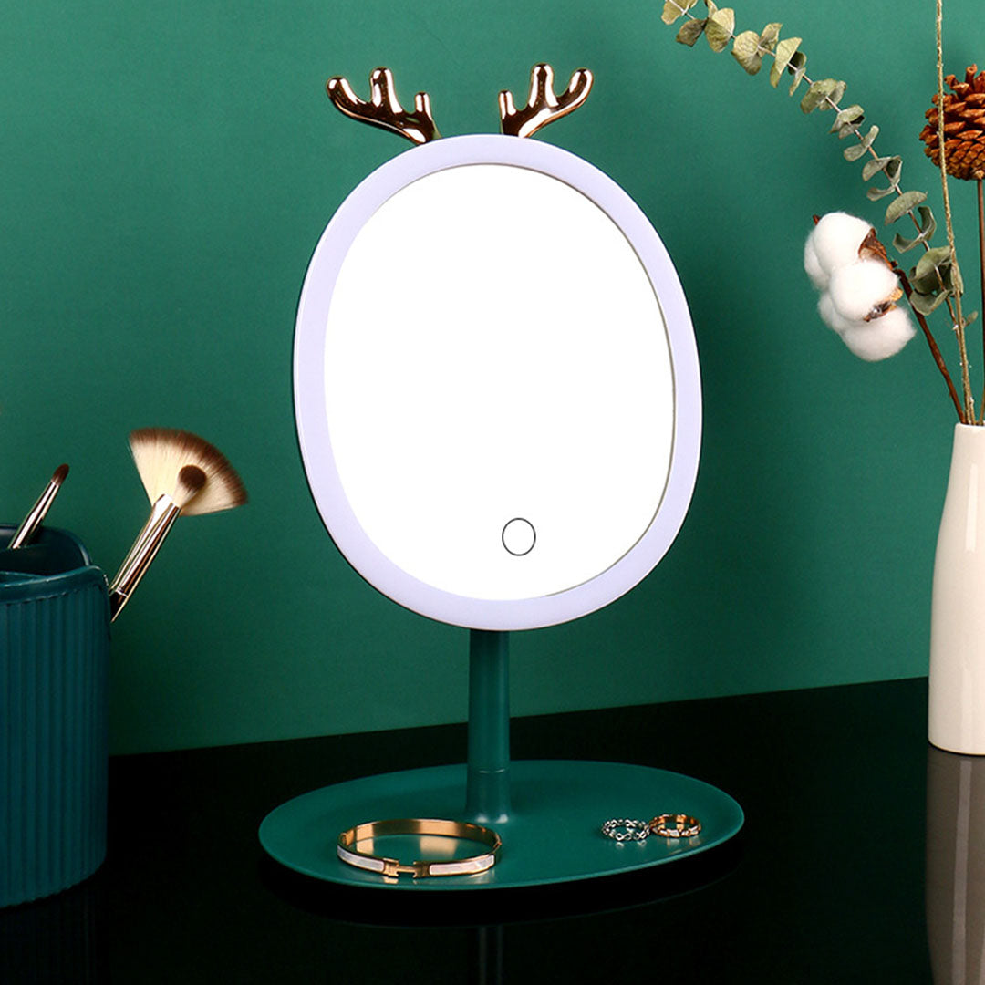 Green Cosmetic Jewelry Storage Organiser with Antler LED Light Mirror Tabletop Vanity Set