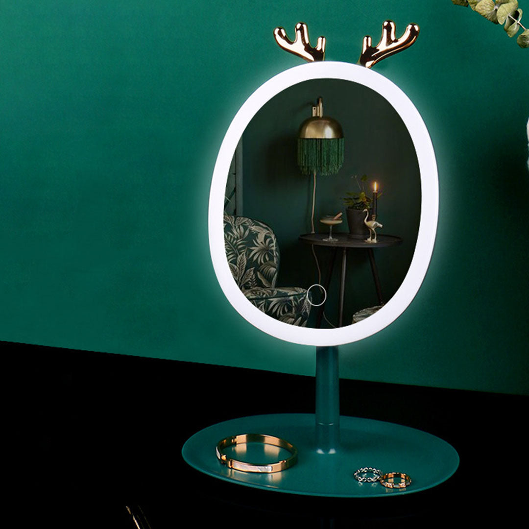 Green Cosmetic Jewelry Storage Organiser with Antler LED Light Mirror Tabletop Vanity Set