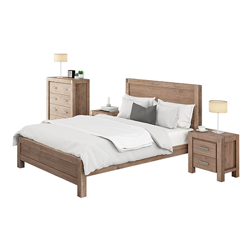 4 Pieces Bedroom Suite in Solid Wood Veneered Acacia Construction Timber Slat Queen Size Oak Colour Bed, Bedside Table &amp; Tallboy