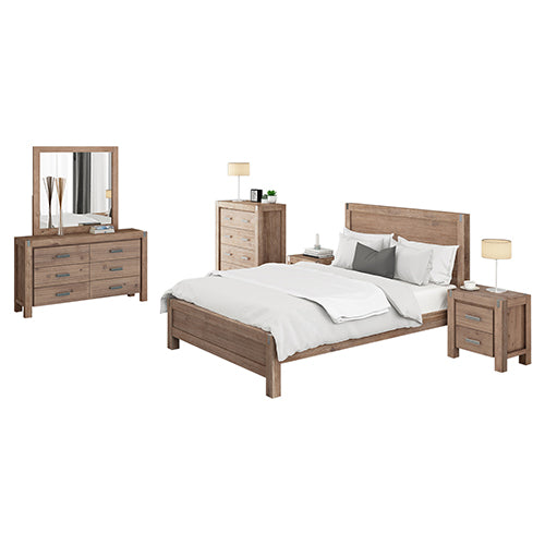 5 Pieces Bedroom Suite in Solid Wood Veneered Acacia Construction Timber Slat Single Size Oak Colour Bed, Bedside Table , Tallboy &amp; Dresser