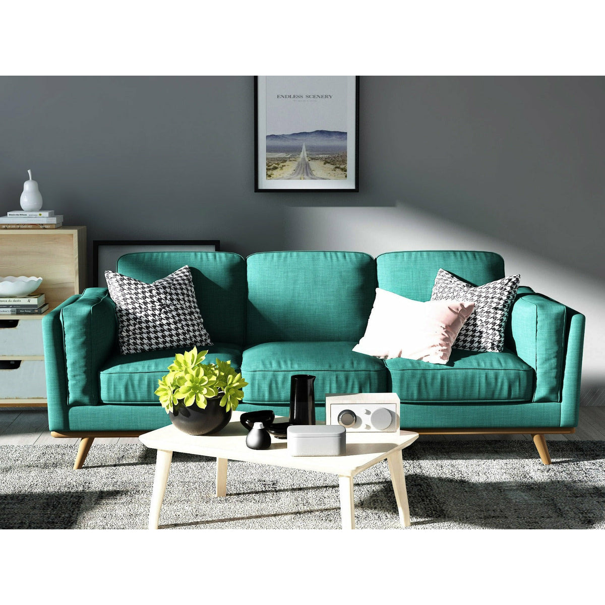 3 Seater Sofa Teal Fabric Lounge Set for Living Room Couch with Wooden Frame