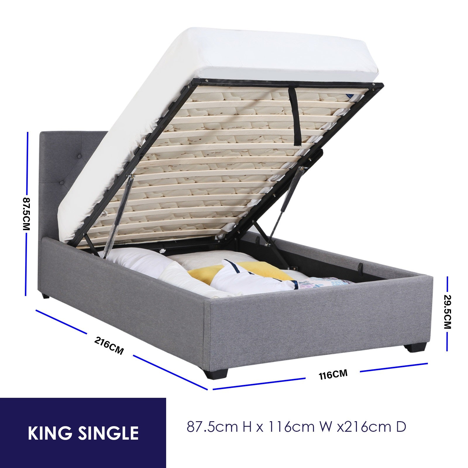 Milano Capri Luxury Gas Lift Bed With Headboard (Model 3) - Grey No.28 - King Single