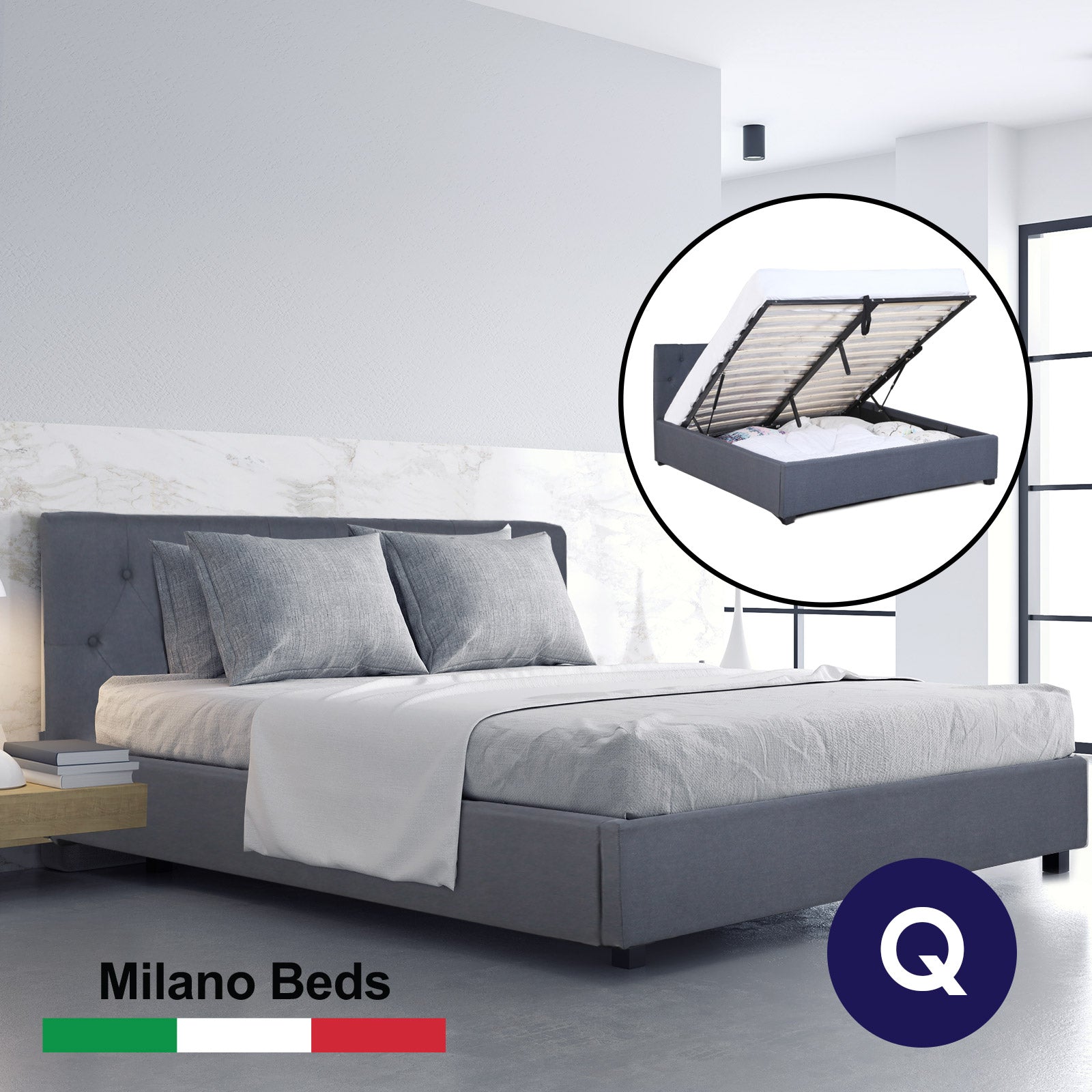 Milano Capri Luxury Gas Lift Bed With Headboard (Model 3) - Grey No.28 - Queen