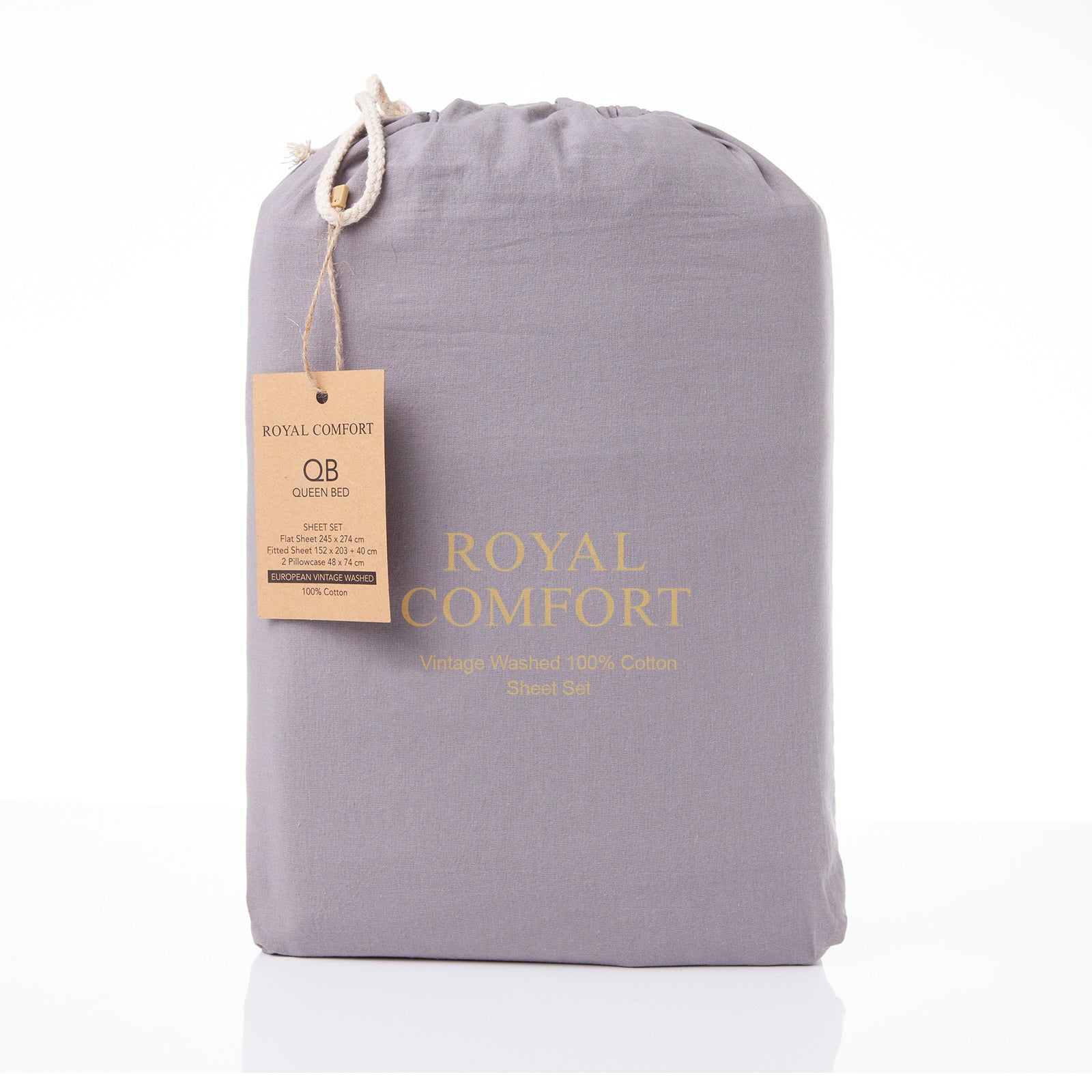 Royal Comfort Vintage Washed 100 % Cotton Sheet Set Double - Grey