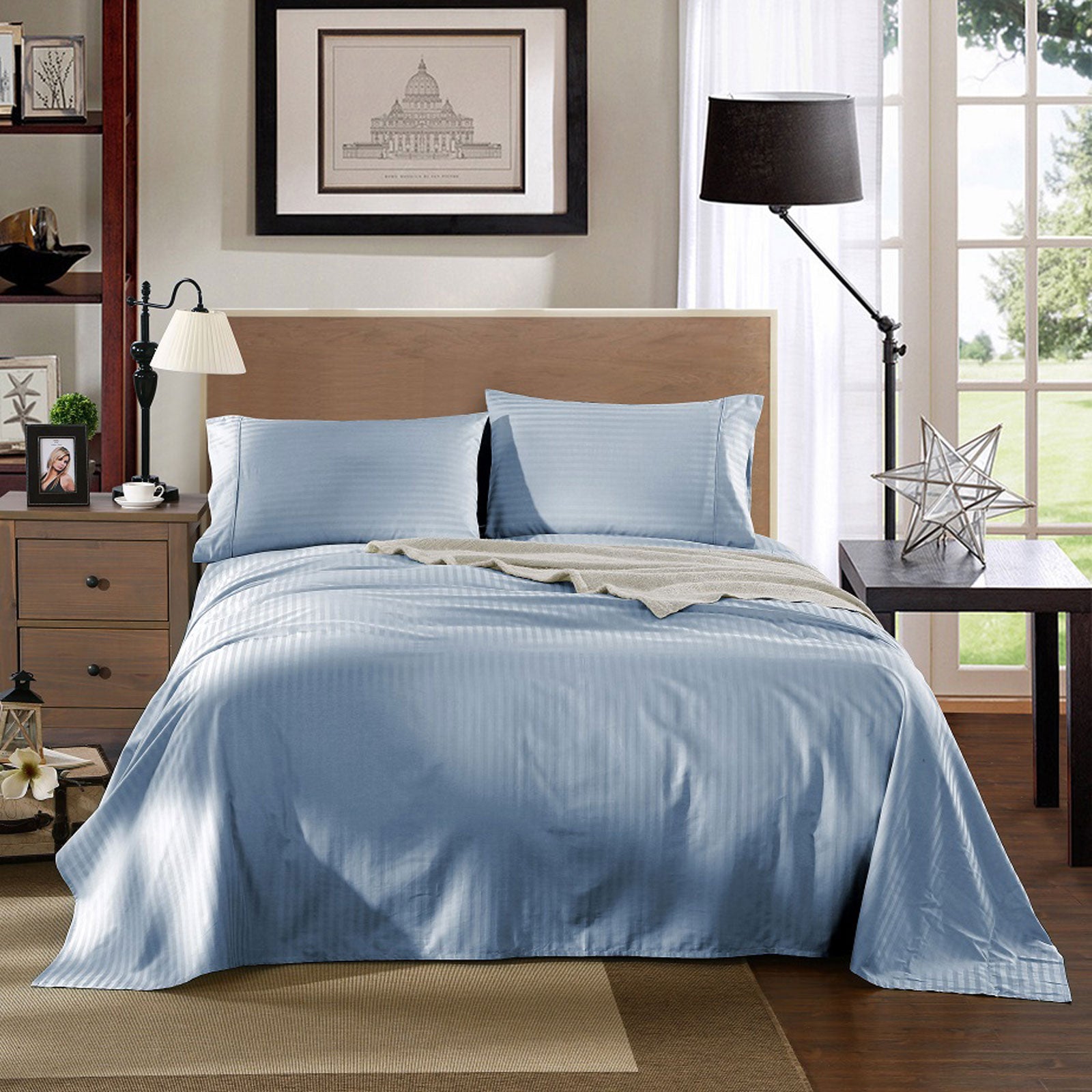 Kensington 1200Tc Cotton Sheet Set In Stripe-King - Chambray (Blue)