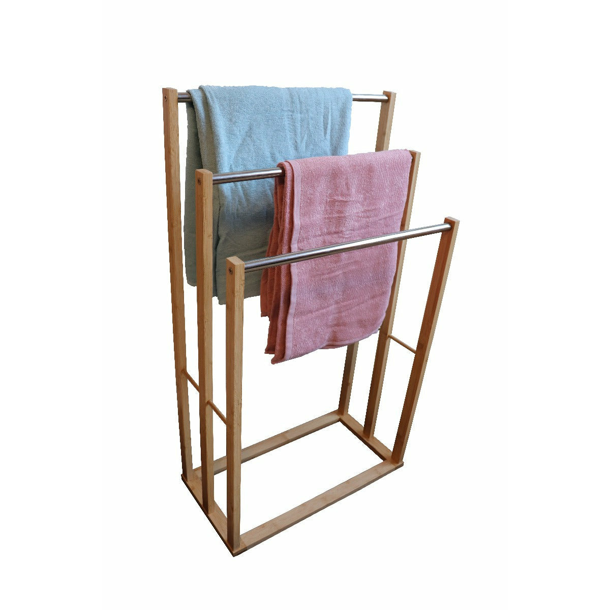 Bamboo Towel Bar Metal Holder Rack 3-Tier Freestanding for Bathroom and Bedroom