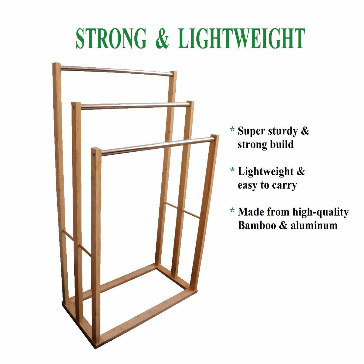 Bamboo Towel Bar Metal Holder Rack 3-Tier Freestanding for Bathroom and Bedroom