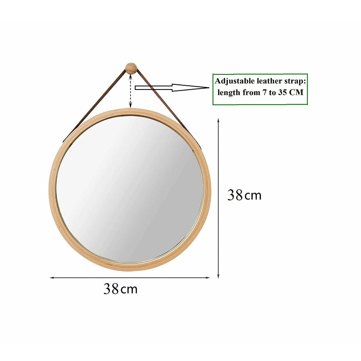 Hanging Round Wall Mirror 38 cm - Solid Bamboo Frame and Adjustable Leather Strap for Bathroom and Bedroom