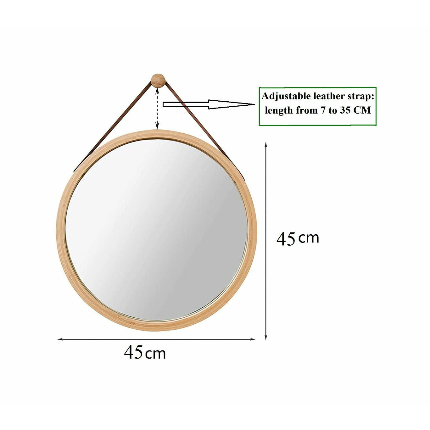 Hanging Round Wall Mirror 45 cm - Solid Bamboo Frame and Adjustable Leather Strap for Bathroom and Bedroom