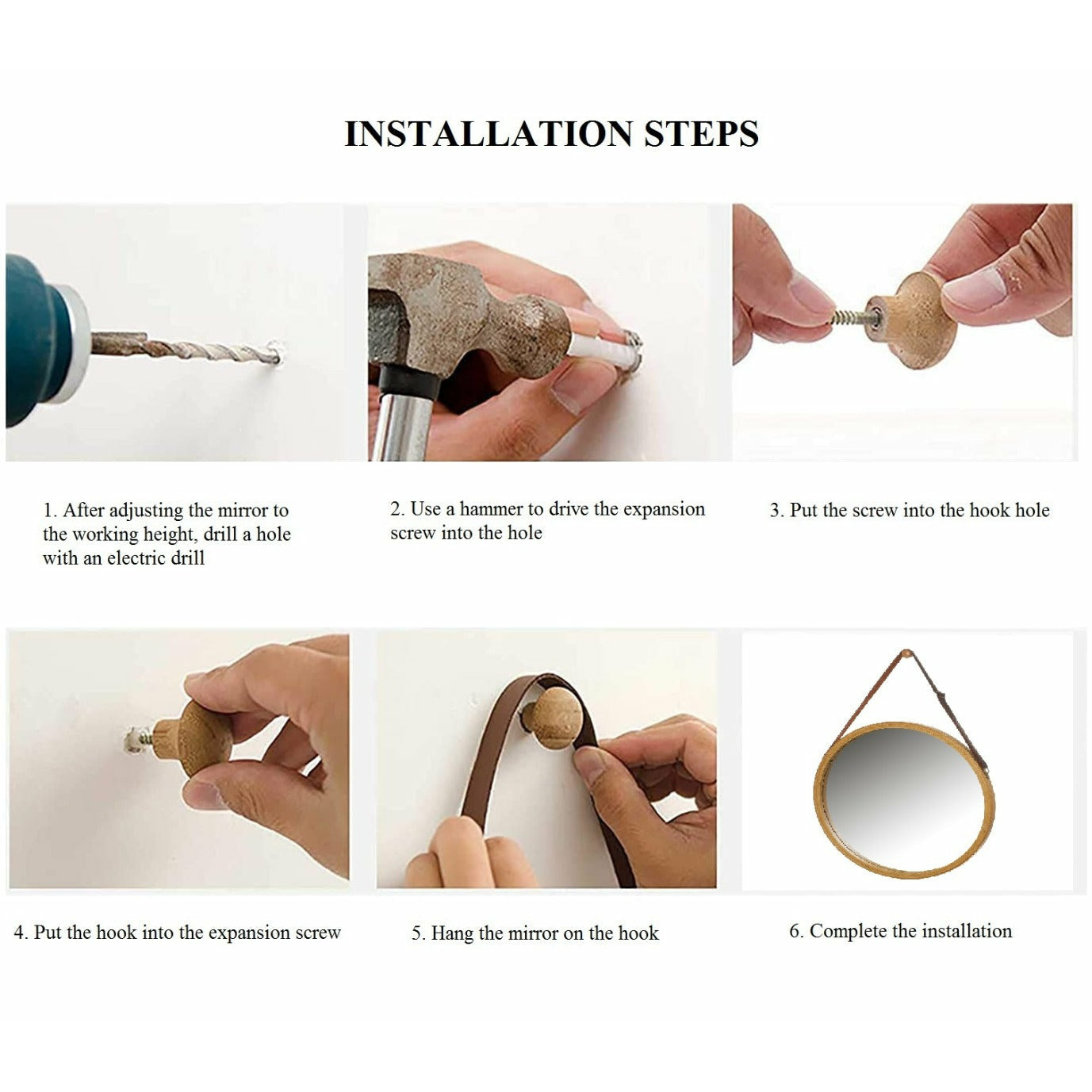 Hanging Round Wall Mirror 45 cm - Solid Bamboo Frame and Adjustable Leather Strap for Bathroom and Bedroom