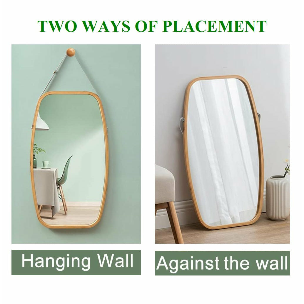 Hanging Full Length Wall Mirror - Solid Bamboo Frame and Adjustable Leather Strap for Bathroom and Bedroom