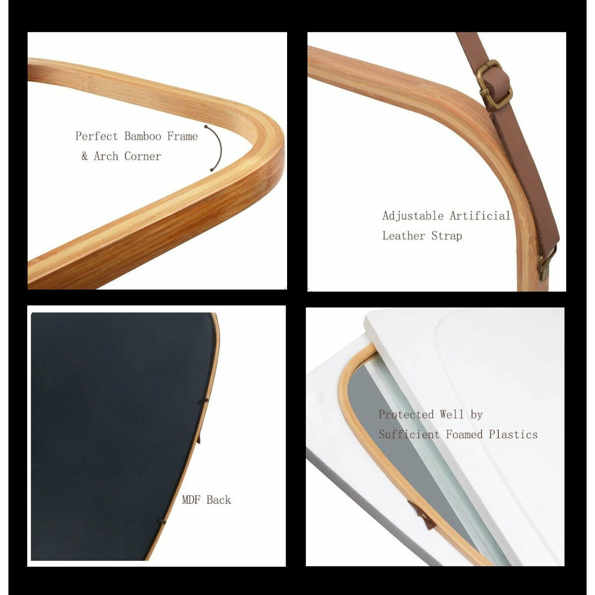 Hanging Full Length Wall Mirror - Solid Bamboo Frame and Adjustable Leather Strap for Bathroom and Bedroom