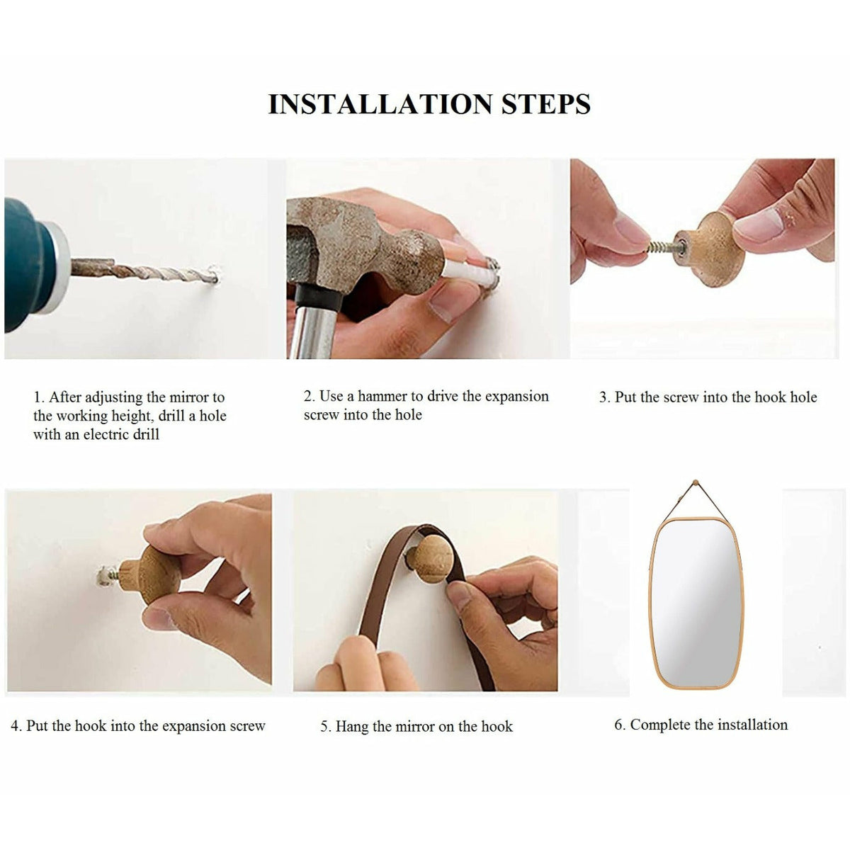 Hanging Full Length Wall Mirror - Solid Bamboo Frame and Adjustable Leather Strap for Bathroom and Bedroom