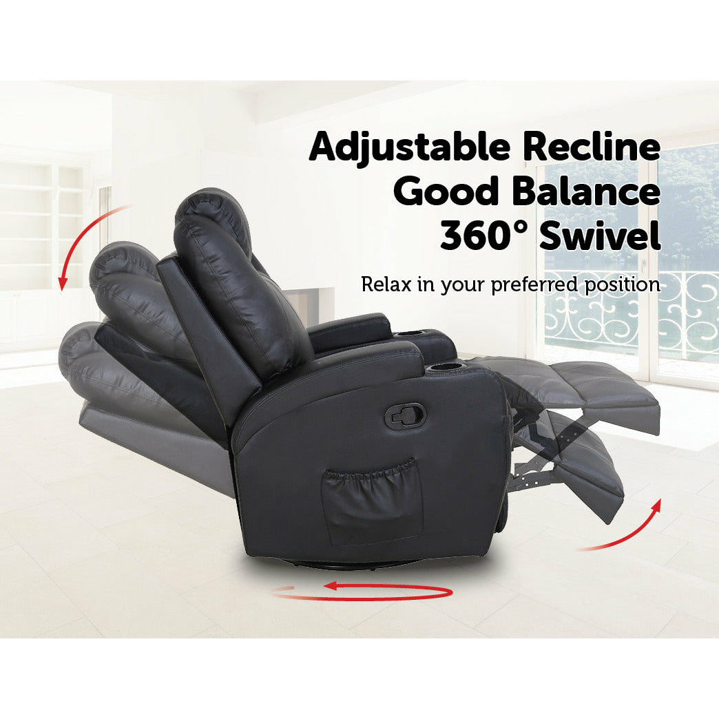 Black Massage Sofa Chair Recliner 360 Degree Swivel PU Leather Lounge 8 Point Heated