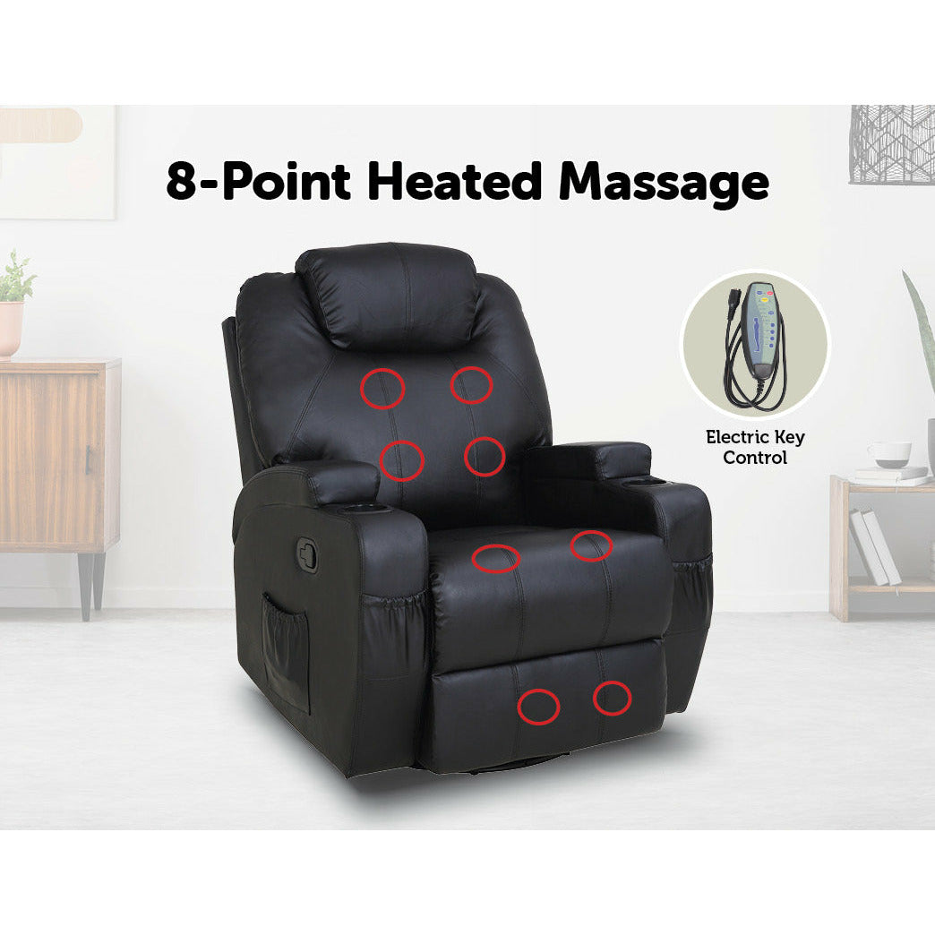 Black Massage Sofa Chair Recliner 360 Degree Swivel PU Leather Lounge 8 Point Heated