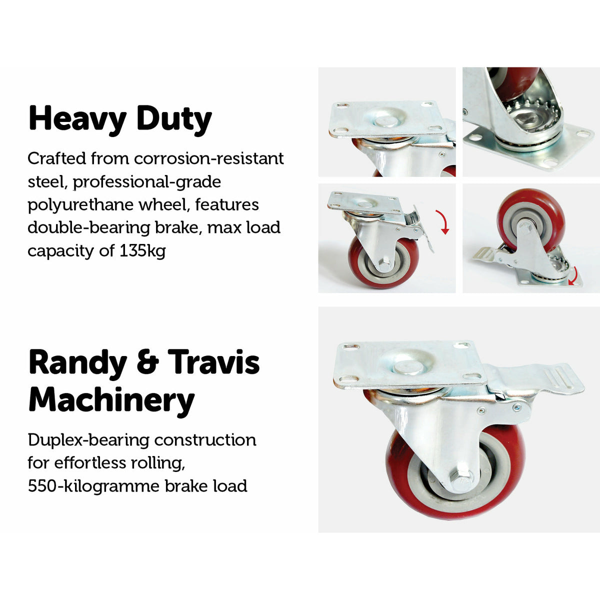 4 x 4" Heavy Duty PU Swivel Castor Wheels With Brake