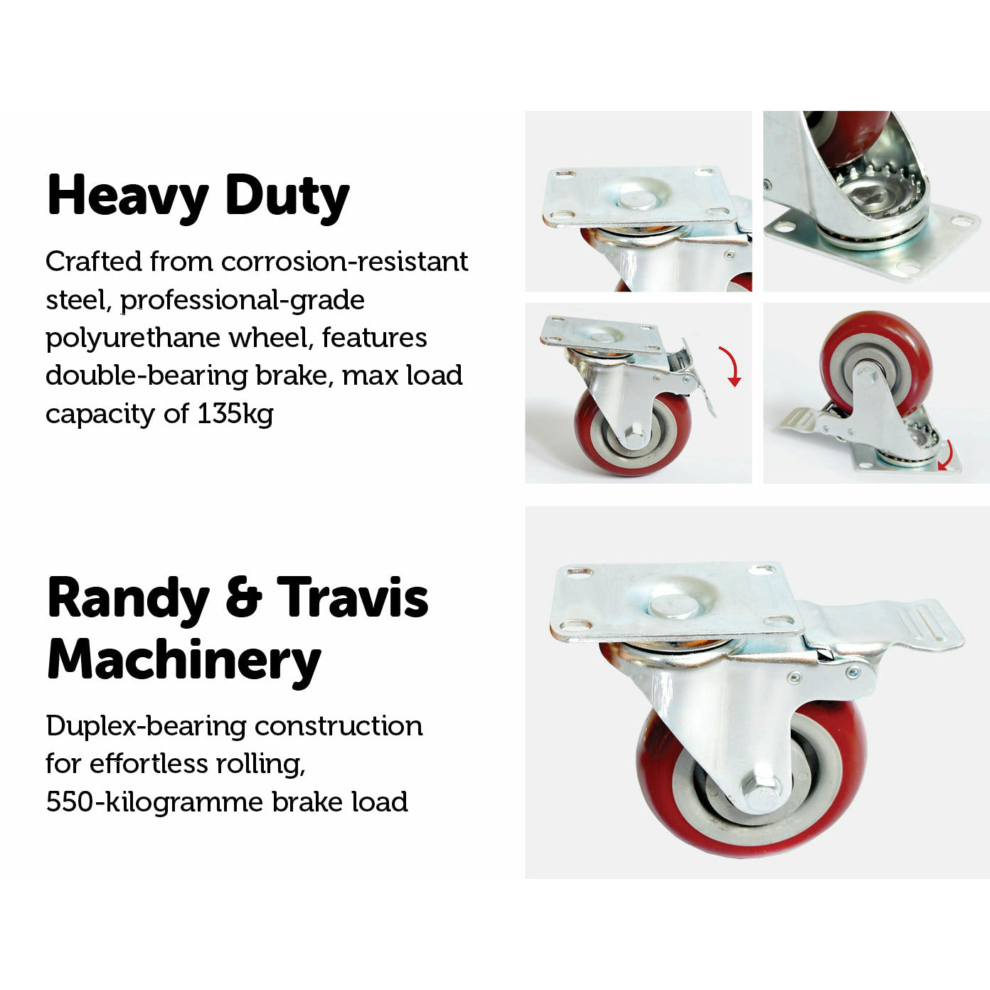 4 x 4" Heavy Duty PU Swivel Castor Wheels With Brake