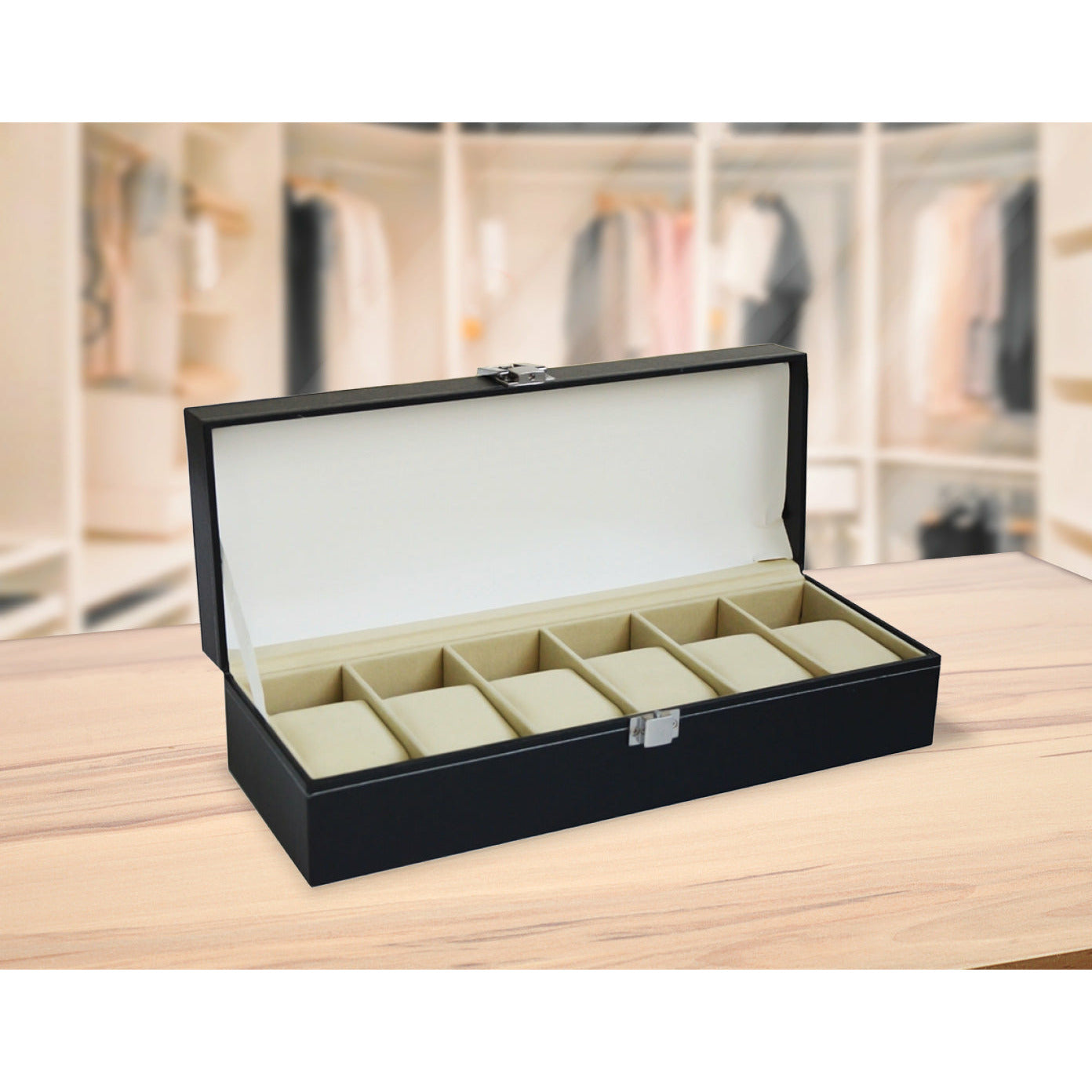 6 Slot Mens Watch Display Case Box Black PU Leather