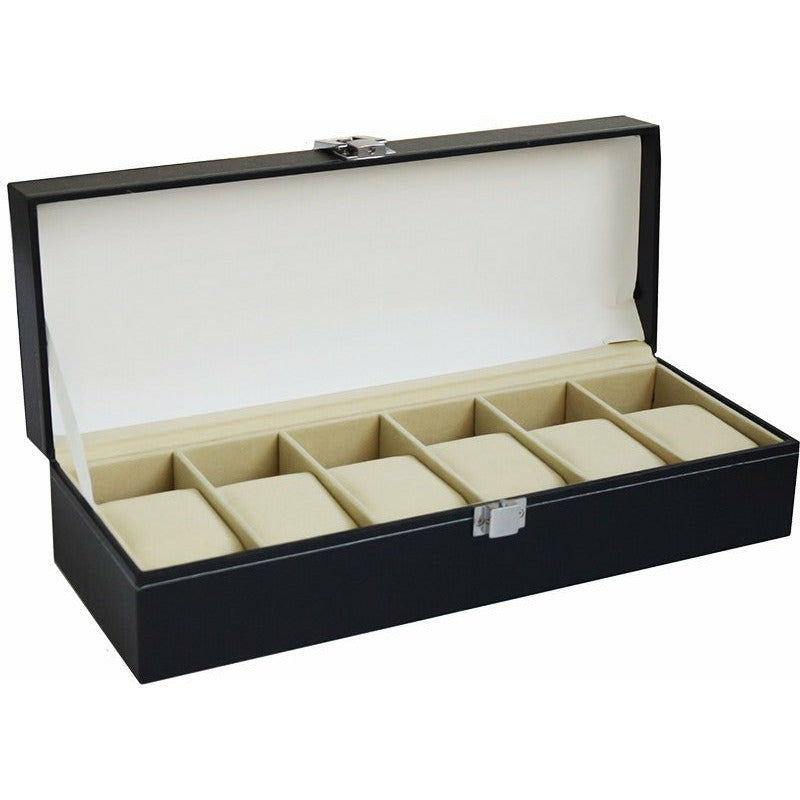 6 Slot Mens Watch Display Case Box Black PU Leather