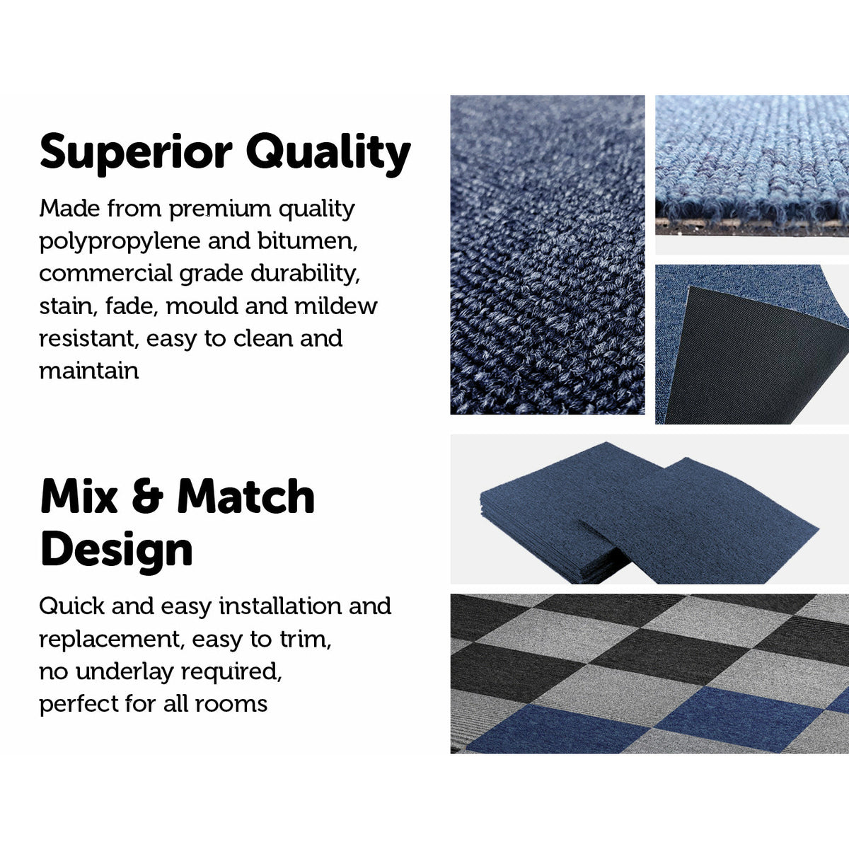 5m2 Box of Premium Carpet Tiles Commercial Domestic Office Heavy Use Flooring Blue