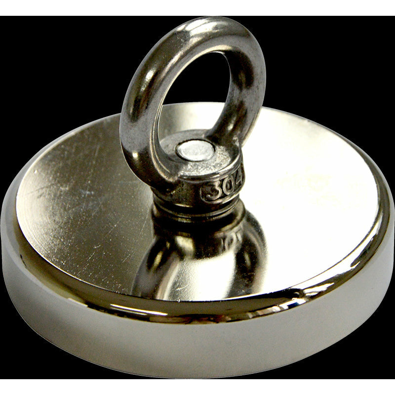 Round Neodymium Fishing Magnet with Countersunk Hole and Eyebolt, 500 LBS pull