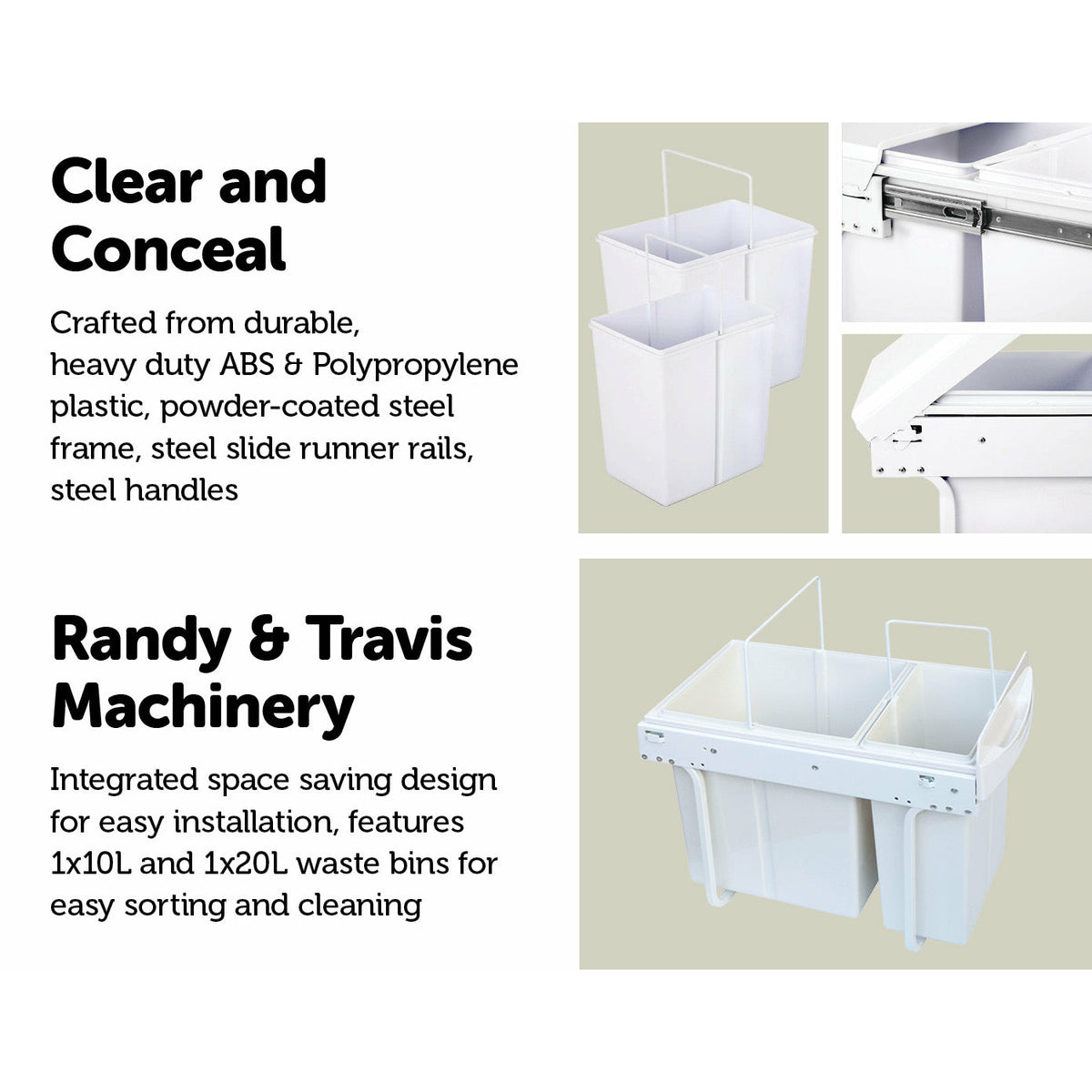 Pull Out Bin Kitchen Double Dual Slide Garbage Rubbish Waste 10L+20L