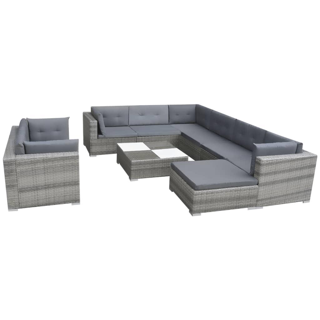 10 Piece Garden Lounge Set with Cushions Poly Rattan Grey