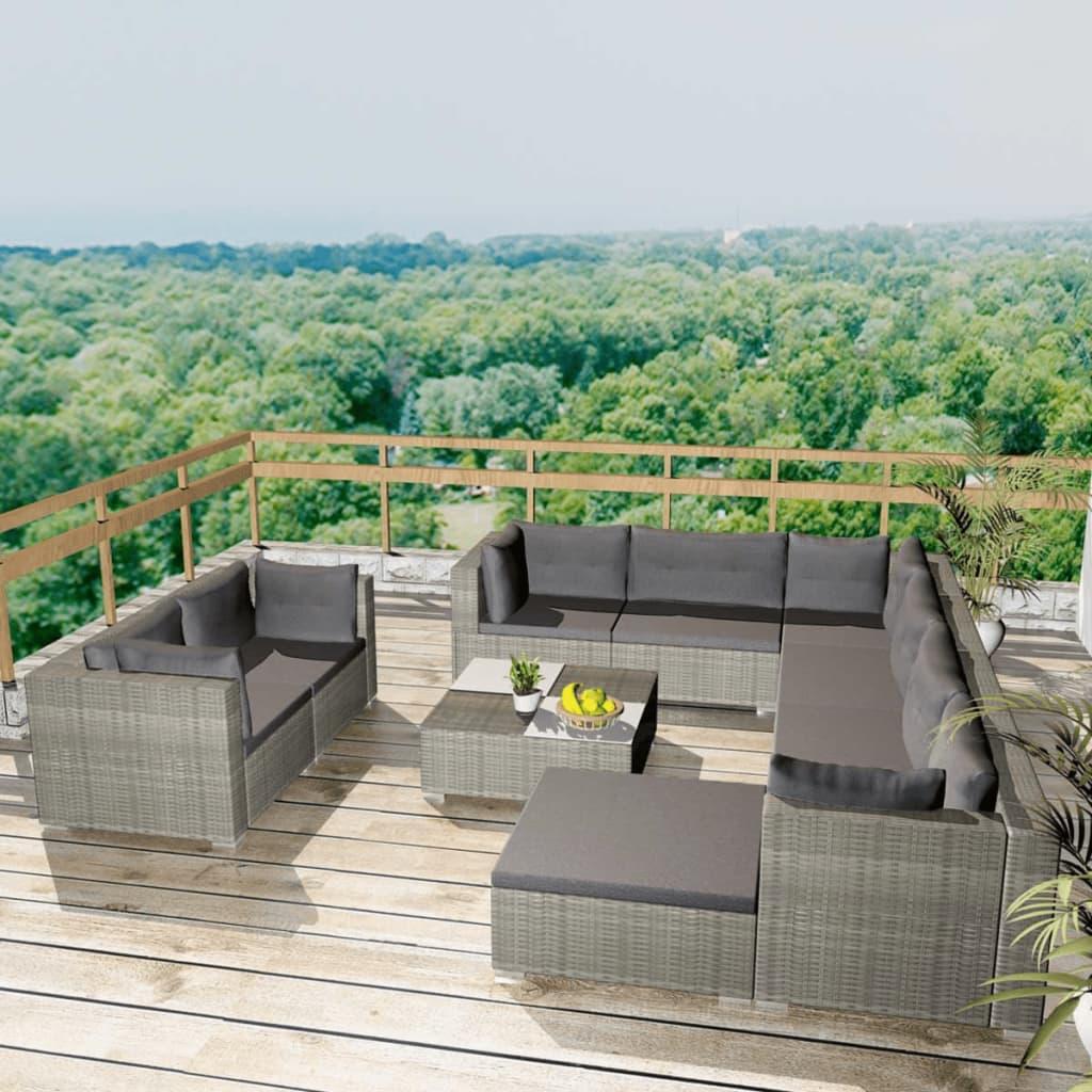 10 Piece Garden Lounge Set with Cushions Poly Rattan Grey