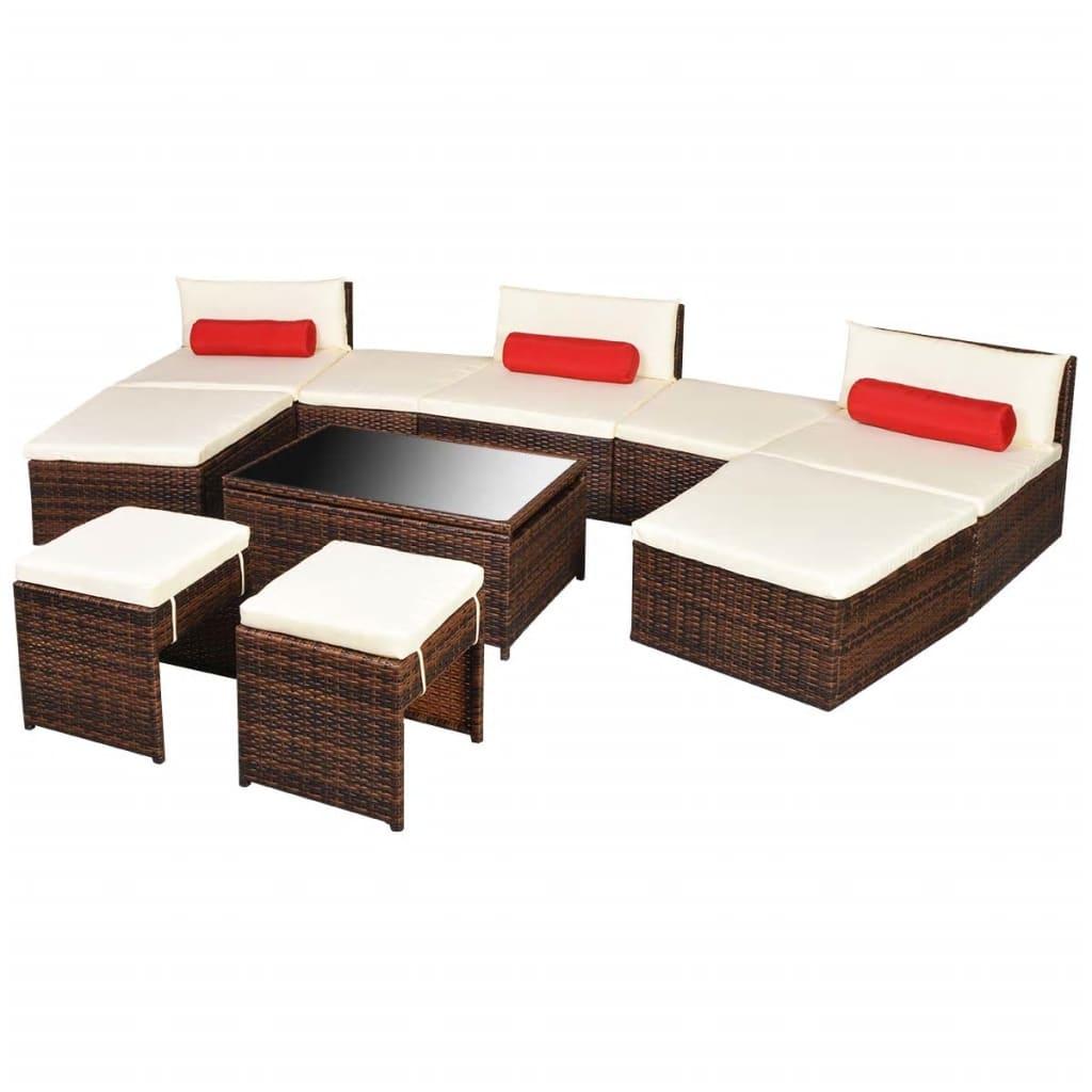 10 Piece Garden Lounge Set with Cushions Poly Rattan Brown
