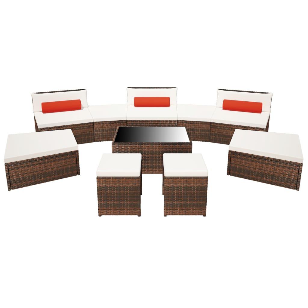10 Piece Garden Lounge Set with Cushions Poly Rattan Brown
