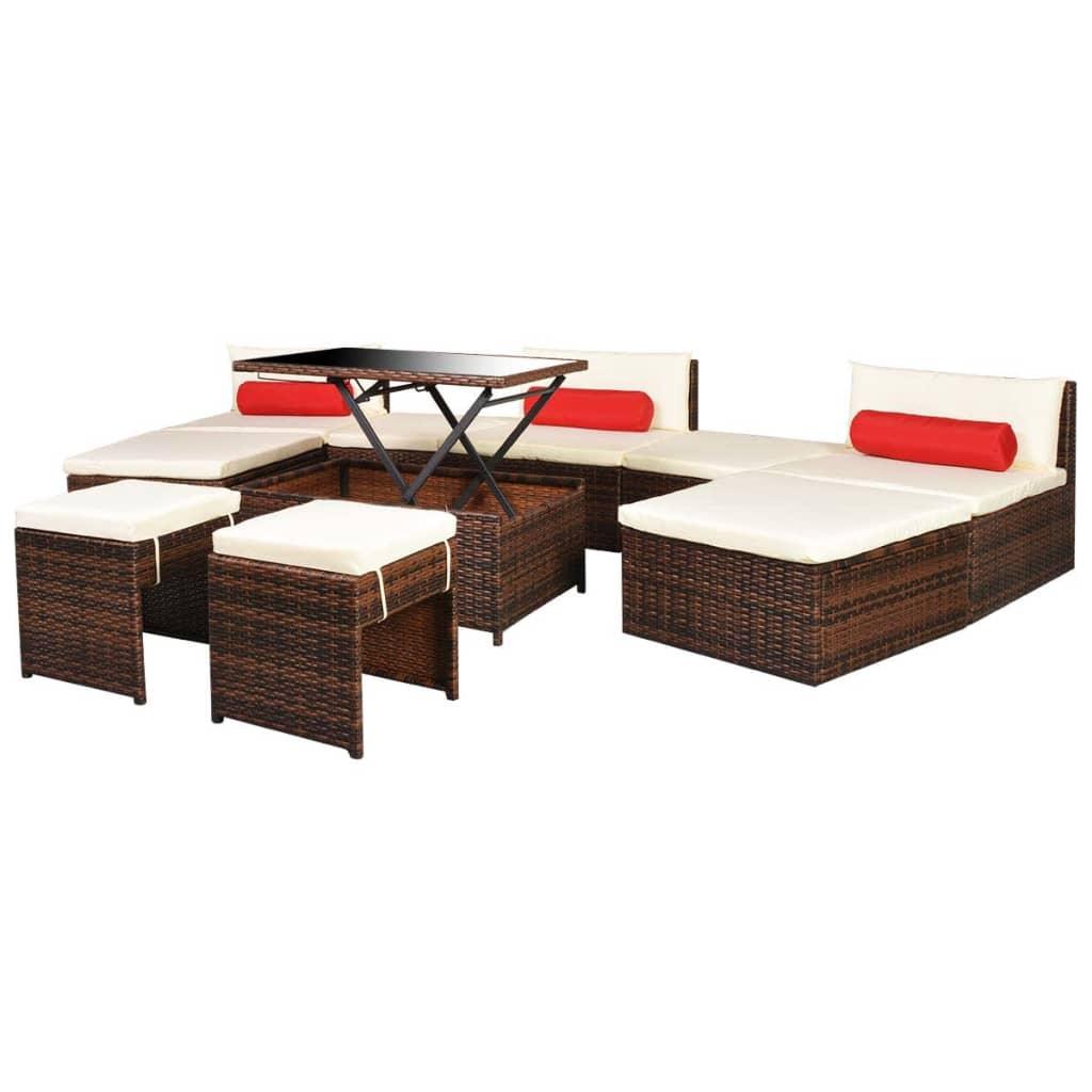 10 Piece Garden Lounge Set with Cushions Poly Rattan Brown