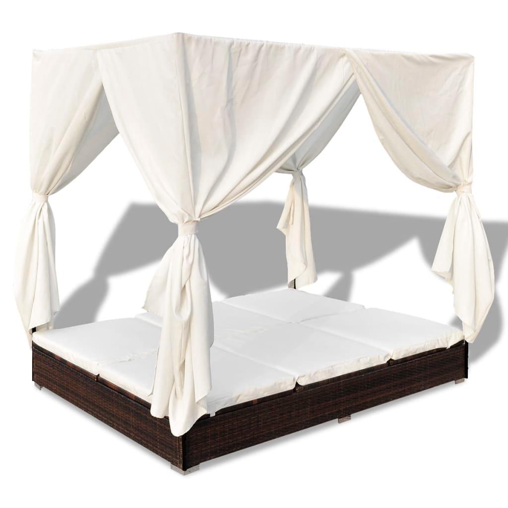 Outdoor Lounge Bed with Curtains Poly Rattan Brown