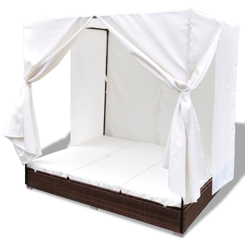 Outdoor Lounge Bed with Curtains Poly Rattan Brown