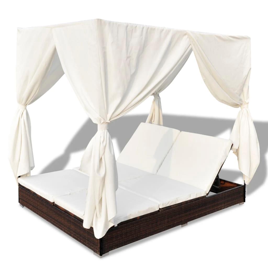 Outdoor Lounge Bed with Curtains Poly Rattan Brown