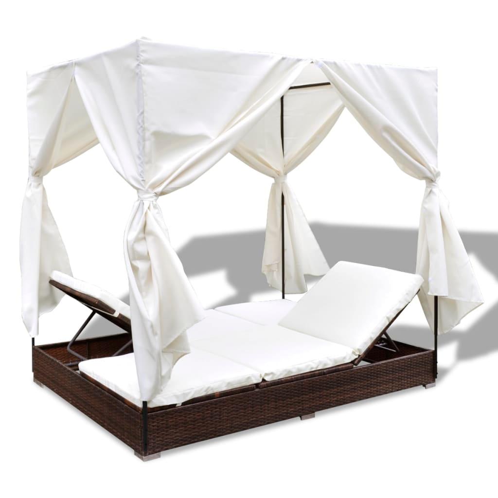 Outdoor Lounge Bed with Curtains Poly Rattan Brown