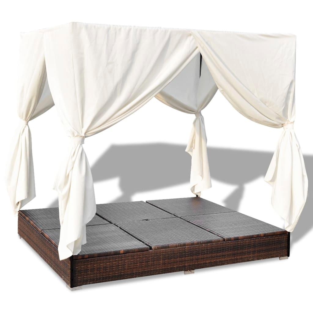 Outdoor Lounge Bed with Curtains Poly Rattan Brown