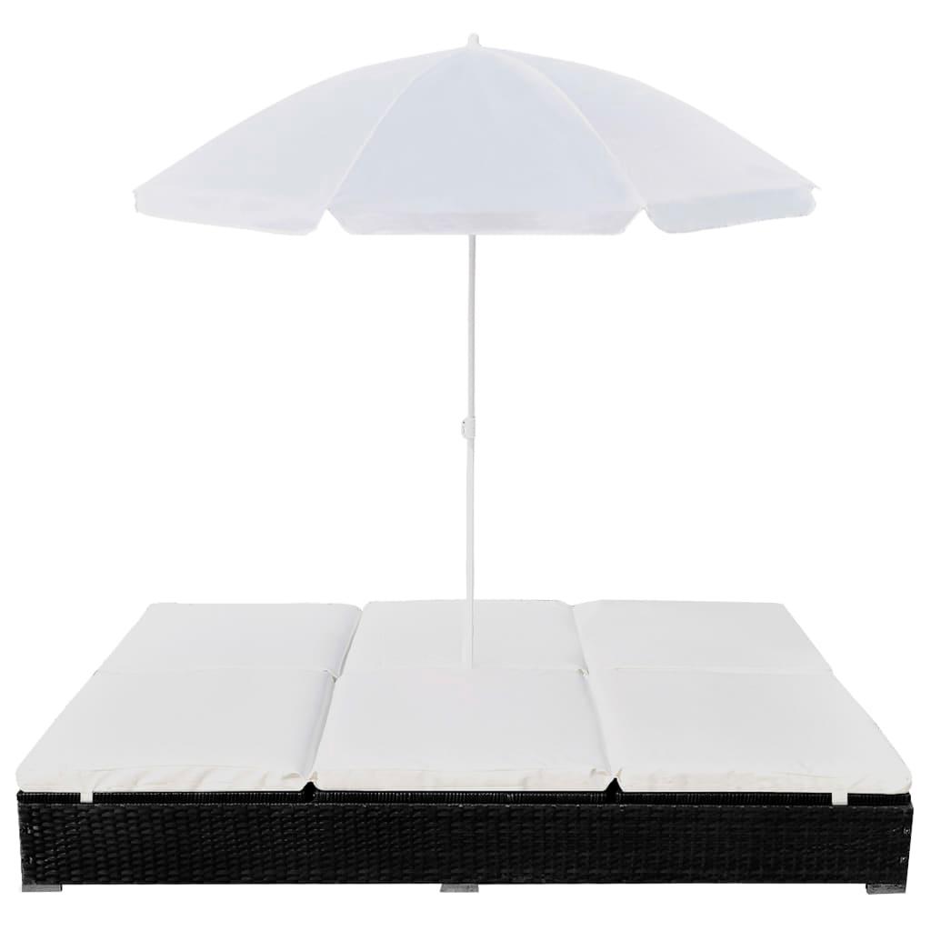 Outdoor Lounge Bed with Umbrella Poly Rattan Black