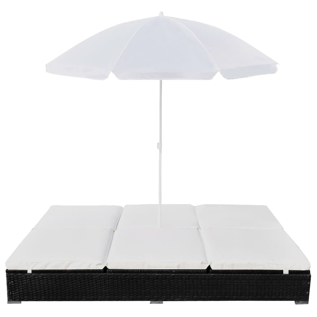 Outdoor Lounge Bed with Umbrella Poly Rattan Black