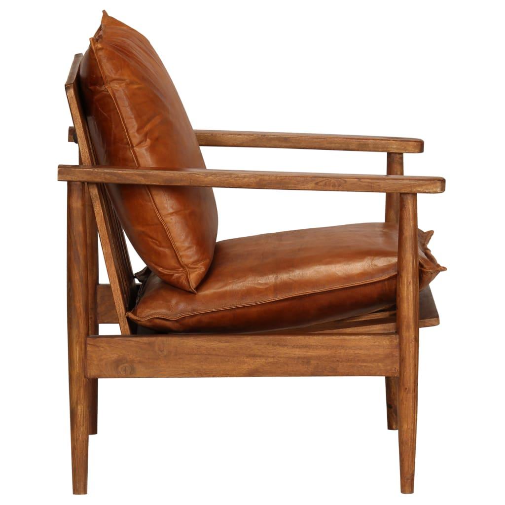 Armchair Brown Real Leather with Acacia Wood