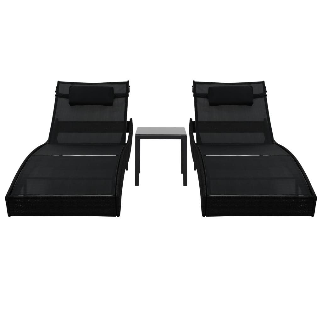Sun Loungers 2 pcs with Table Poly Rattan and Textilene Black