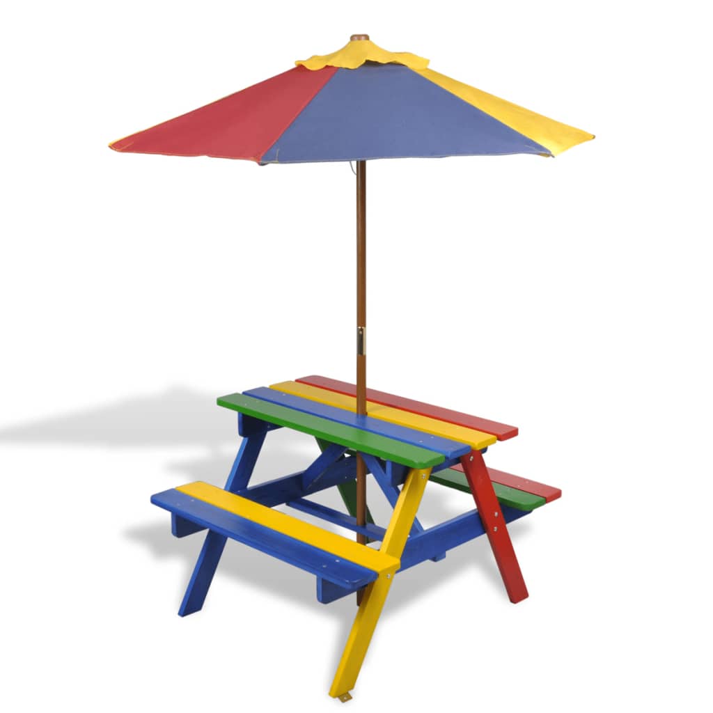 Kids&#39; Picnic Table with Benches and Parasol Multicolour Wood