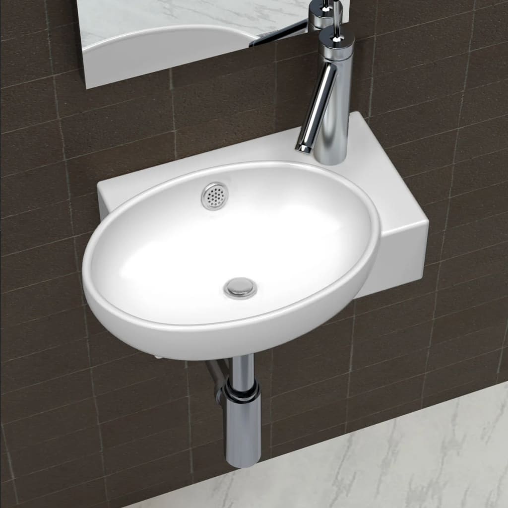 Ceramic Sink Basin Faucet &amp; Overflow Hole Bathroom White