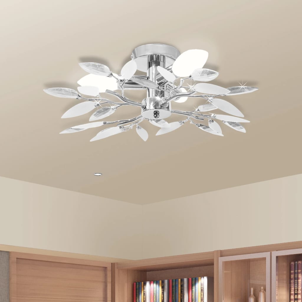Ceiling Lamp White &amp; Transparent Acrylic Crystal Leaf Arms 3 E14 Bulbs