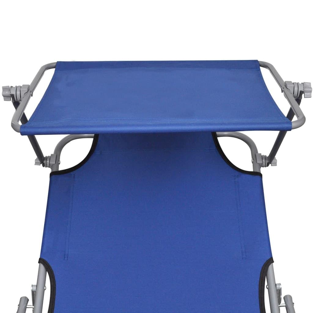 Folding Sun Lounger with Canopy Steel and Fabric Blue