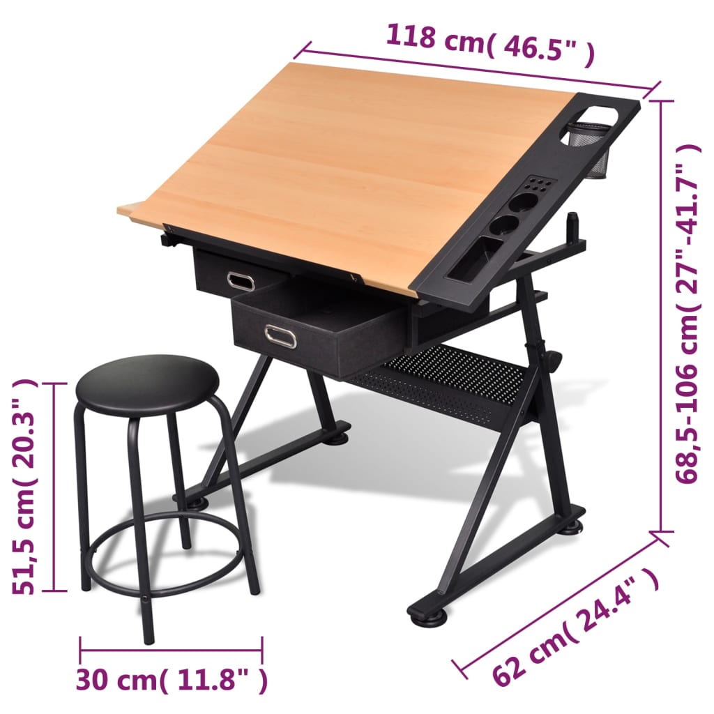 Two Drawers Tiltable Tabletop Drawing Table with Stool