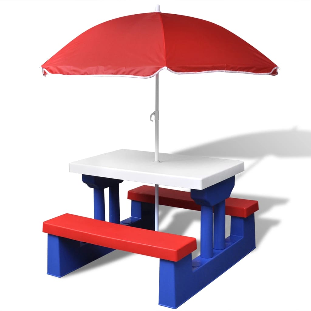 Kids&#39; Picnic Table with Benches and Parasol Multicolour